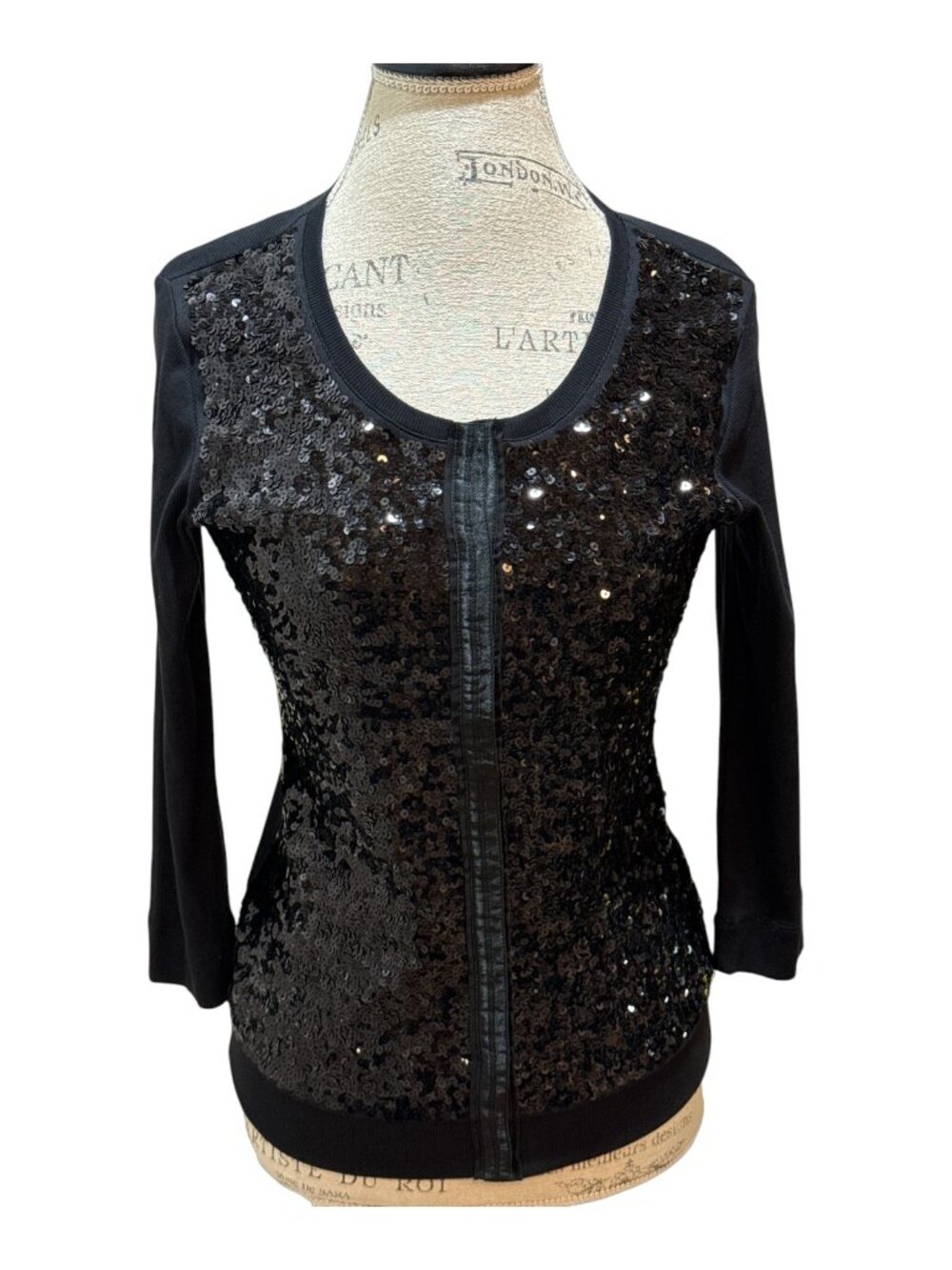 Monari Sz 8 Black Sequined Front 3/4 Sleeve Snap-Front Shacket Top Jacket